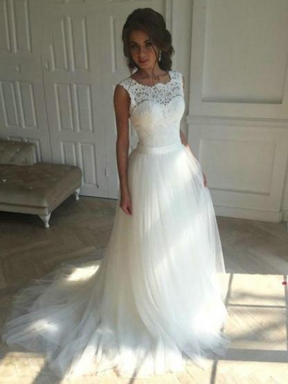Elegant Long A-line Sweetheart Lace Tulle Boho Wedding Dresses