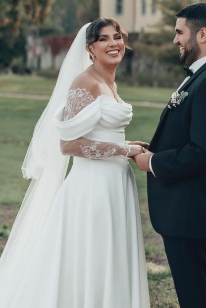 Long Off The Shoulder Split Front A-Line White Wedding Dress with Ruffles