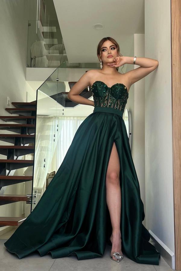 Dark Green Long A-line Sweetheart Satin Prom Dresses with Slit