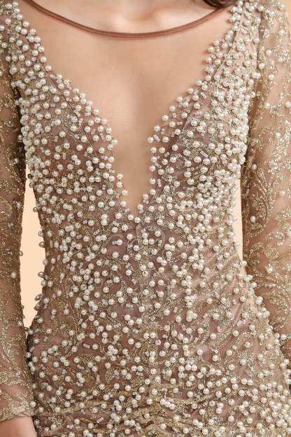 Illusion Neck Beads Champange Pearls High Split Prom Dress