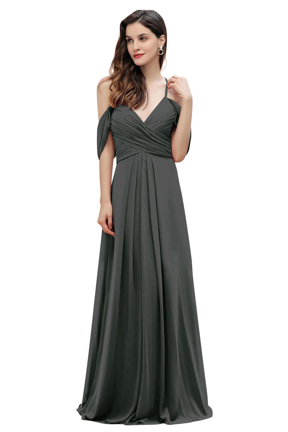 Off-the-Shoulder A-Line V-neck Chiffon Bridesmaid Dress Floor length Wedding Party Dress