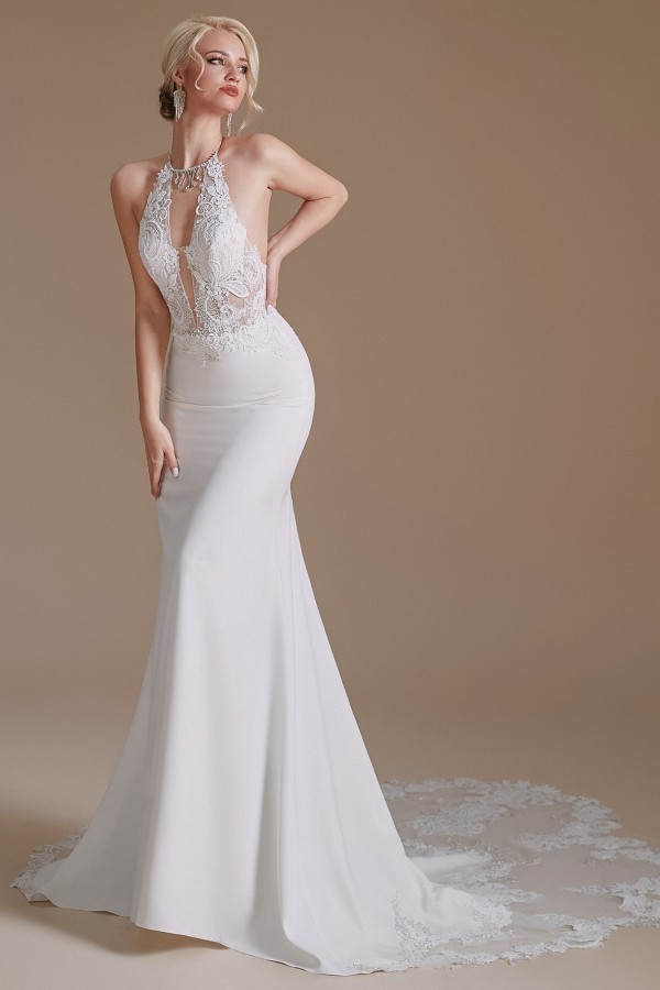 Modest Long Mermaid Halter Backless Satin Wedding Dresses with Appliques Lace