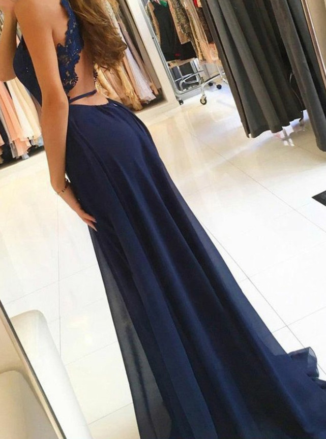 A-Line Keyhole Backless Chiffon Ruffles Floor-length Prom Dress With Side Slit