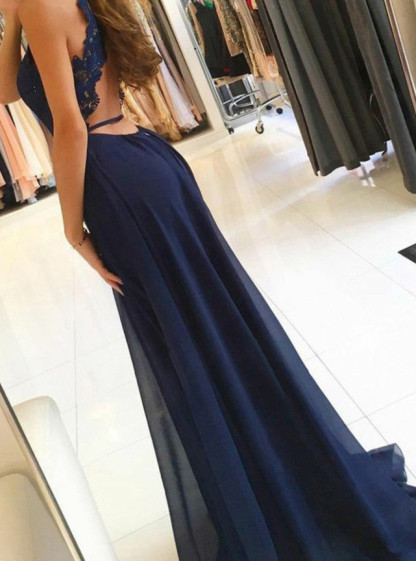 A-Line Keyhole Backless Chiffon Ruffles Floor-length Prom Dress With Side Slit