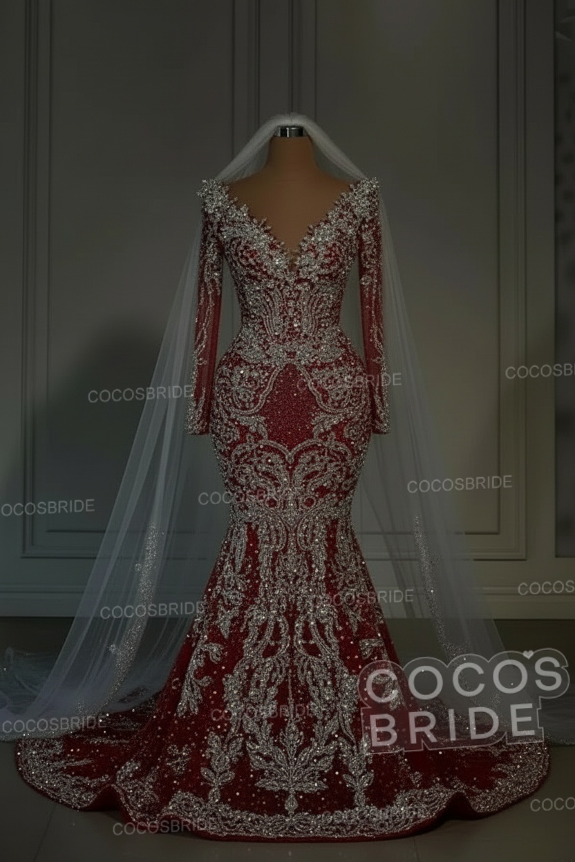 Luxury Long Mermaid Sweetheart Sequined Wedding Dresses with Sleeves