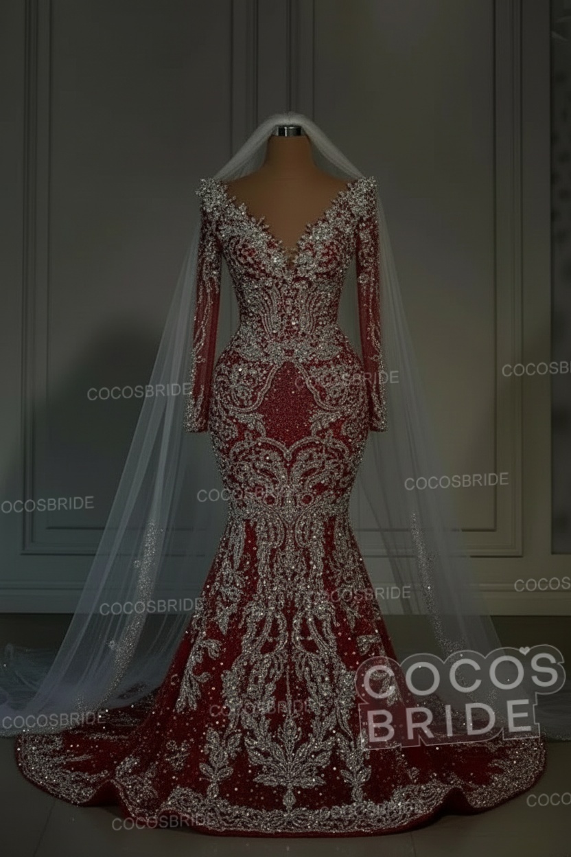 Luxury Long Mermaid Sweetheart Sequined Wedding Dresses with Sleeves