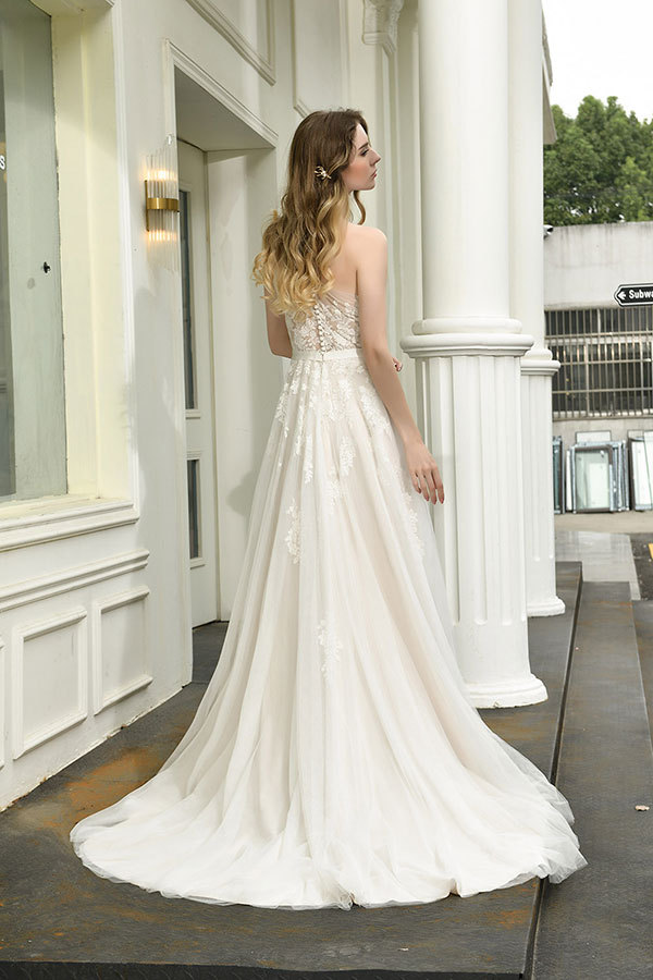Chic Long One Shoulder Tulle Lace A-Line Wedding Dress