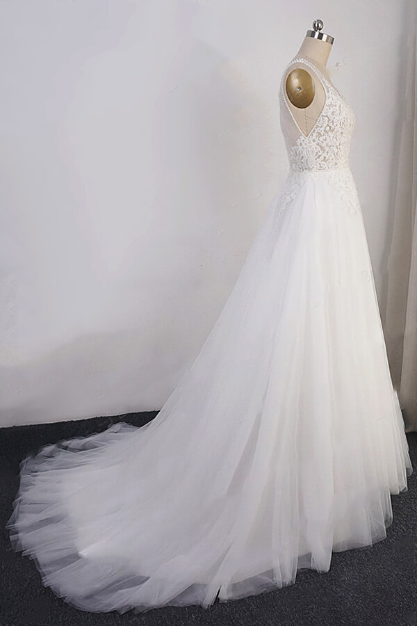 Long V-neck Open Back Appliques Tulle A-line Wedding Dress