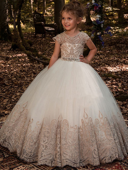 Ivory Long Ball Gown Jewel Neck Tulle Lace Birthday Flower Girl Dresses