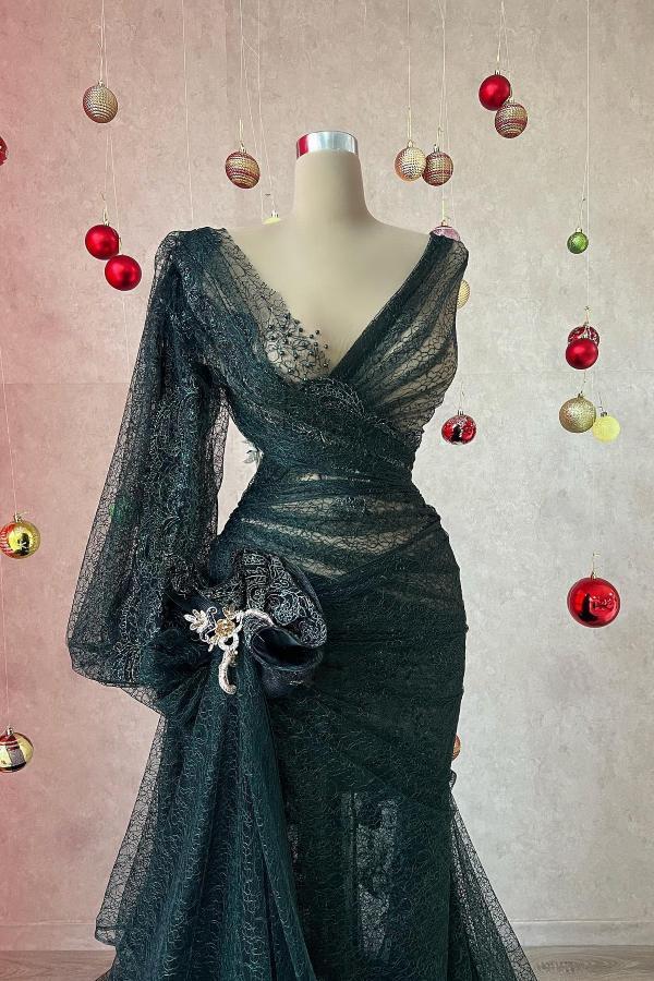 Long A-Line One shoulder V-neck Tulle Appliques Beading Prom Dresses