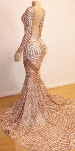 Mermaid Long Sleeves V-neck Sequined Sweep Train Prom Dresses