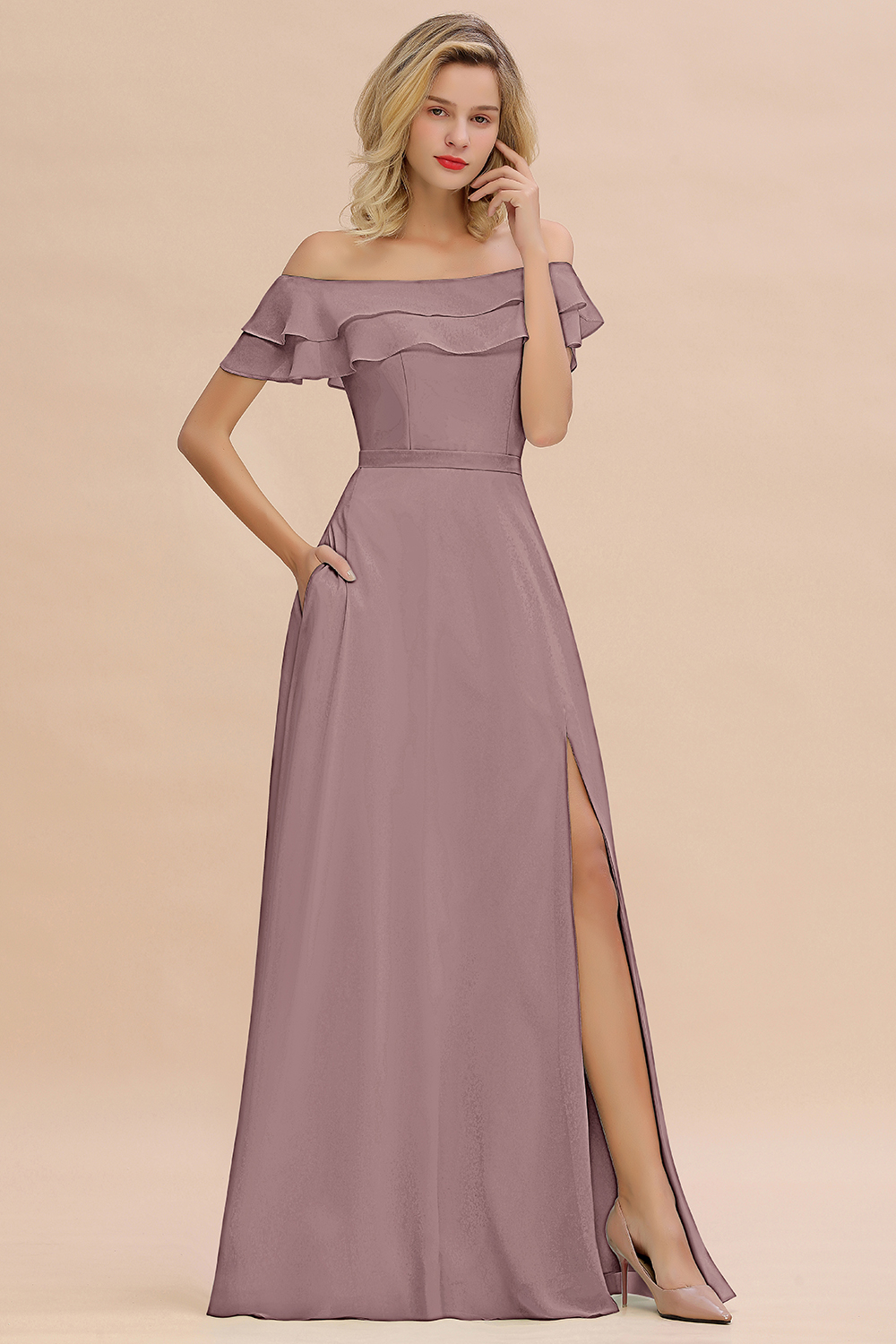 Off-the-Shoulder Front Slit Mint Green Long Bridesmaid Dress