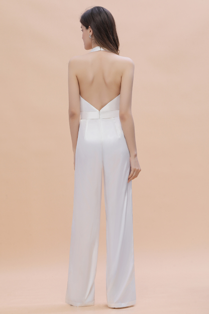 White Deep V-neck Halter Wide Straps Open Back Jumpsuit With Pockets
