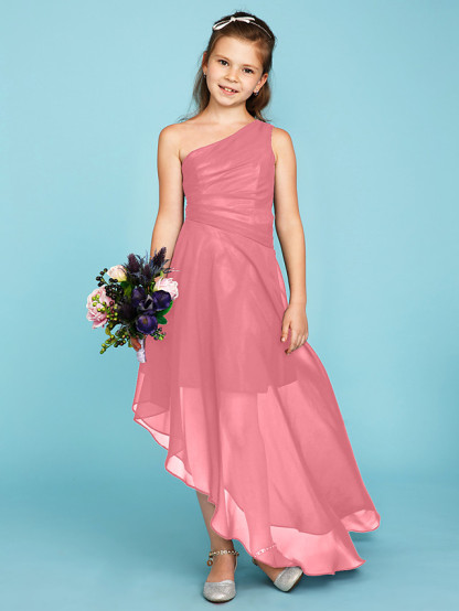 A-Line One Shoulder Asymmetrical Chiffon Junior Bridesmaid Dress With Side Draping / Wedding Party