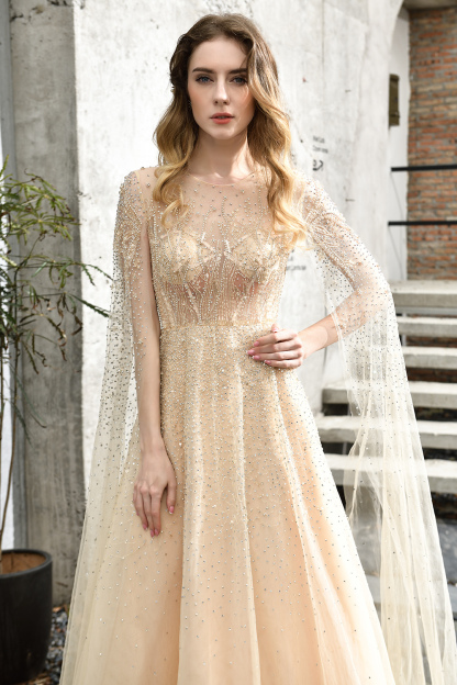 Luxury Shawl Sequined A-line Long Prom Dress
