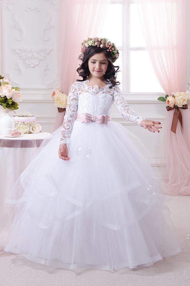 White Scoop Neck Long Sleeves Ball Gown Flower Girls Dress