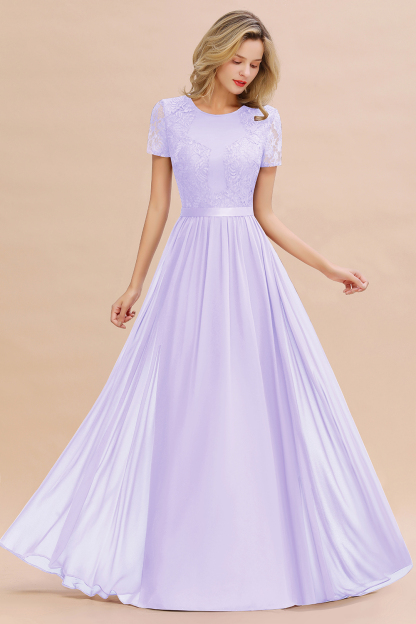 Chiffon Lace Scoop Short Sleeve Bridesmaid Dress