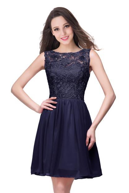 Simple Crew Neck Off The Shoulder Lace Chiffon Mini Homecoming Dress