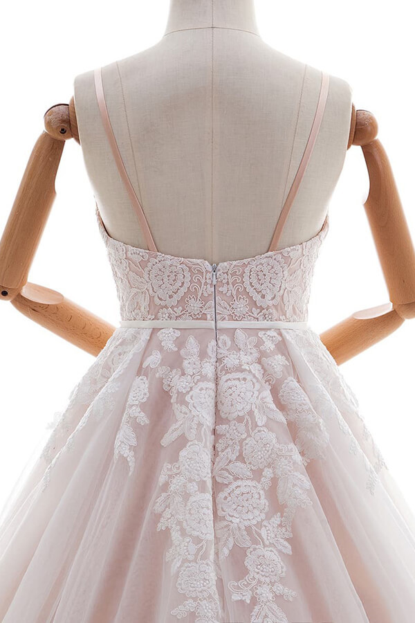 Long V-neck Appliques Lace Spaghetti Strap A-line Wedding Dress