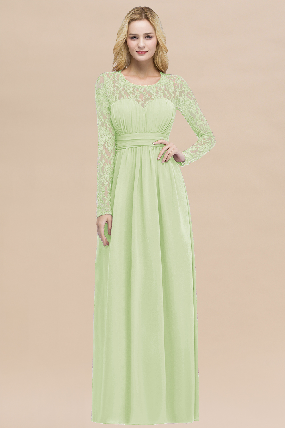 Elegant A-Line Chiffon Jewel Long Sleeves Ruffles Floor-Length Bridesmaid Dresses