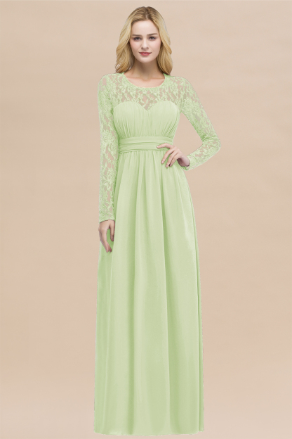 Elegant A-Line Chiffon Jewel Long Sleeves Ruffles Floor-Length Bridesmaid Dresses