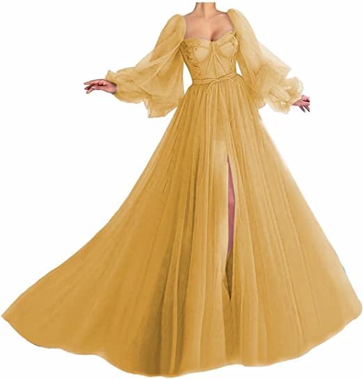 Awesome Long Sleeves A-line Sweetheart Tulle Prom Dress with Slit