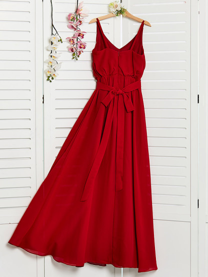 A-Line Spaghetti Strap Floor Length Chiffon Junior Bridesmaid Dress With Sash / Ribbon / Ruching