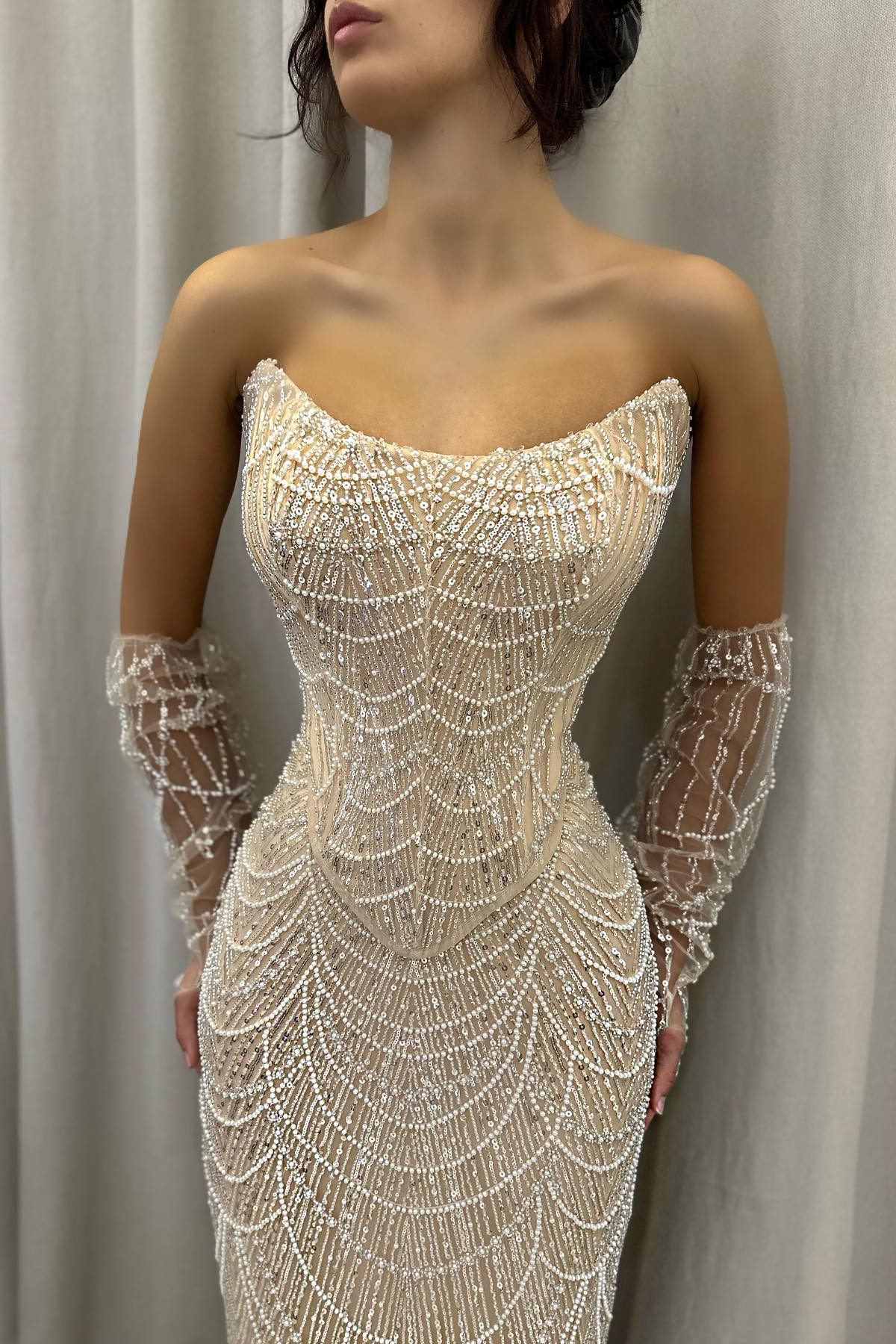 Long Gloves Strapless Mermaid Prom Dress with Beads and Beading