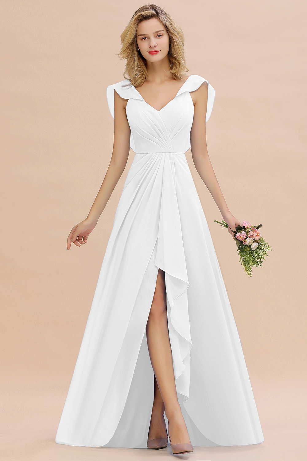 BM0777 Simple Hi-Lo V-Neck Ruffles Long Bridesmaid Dress