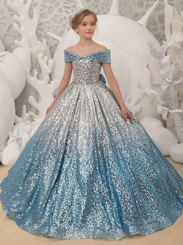 Princess / Ball Gown Sweep / Brush Train Wedding / Party Flower Girl Dresses - Sequined Short Sleeve Off Shoulder With Bow(S) / Pleats