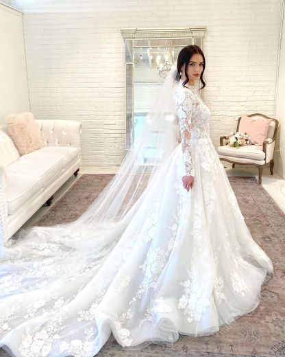 Beautiful Long A-line High Neck Lace Open Back Wedding Dress with Sleeves