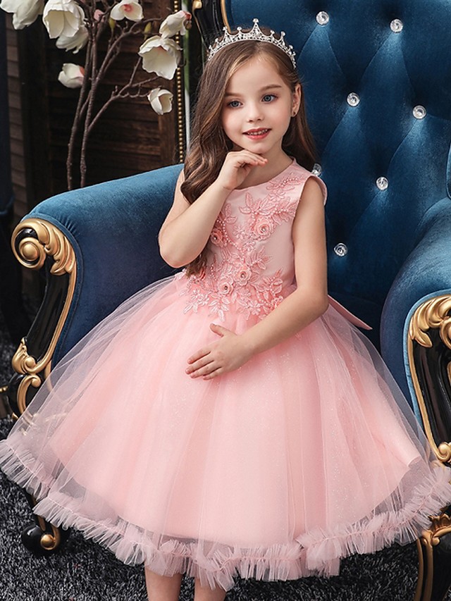 Ball Gown Tulle Sleeveless Jewel Neck Flower Girl Dresses with Appliques Lace