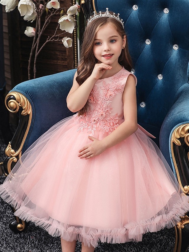 Ball Gown Tulle Sleeveless Jewel Neck Flower Girl Dresses with Appliques Lace