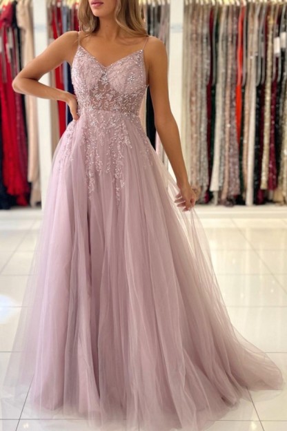 Luxury Long A-line V-neck Tulle Glitter Dusty Pink Prom Dress with Slit