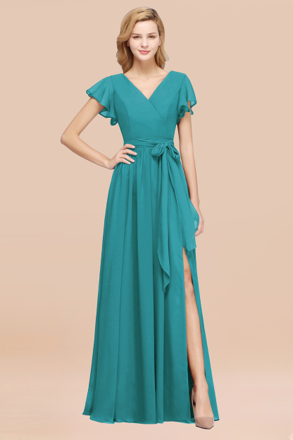elegant A-line Chiffon V-Neck Short-Sleeves Floor-Length Bridesmaid Dresses with Bow Sash