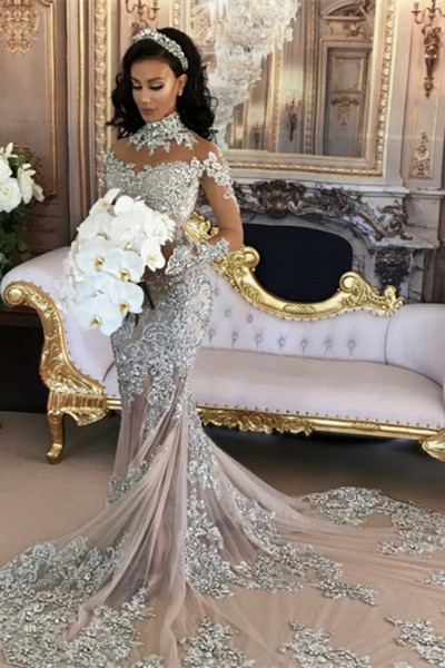 High Neck Long Sleeve Silver Lace Mermaid Luxury Long Wedding Dresses
