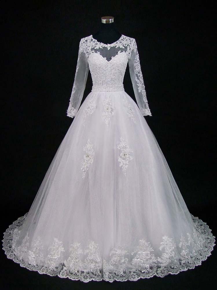 Lace Appliques Pearls Long Sleeves Wedding Dresses