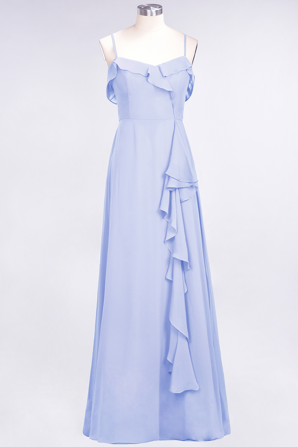 Spaghetti Straps A-Line Chiffon Backless Floor-length Prom Dress With Ruffles