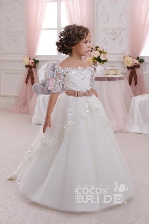 White Off The Shoulder 1/2 Sleeves Ball Gown Flower Girl Dress
