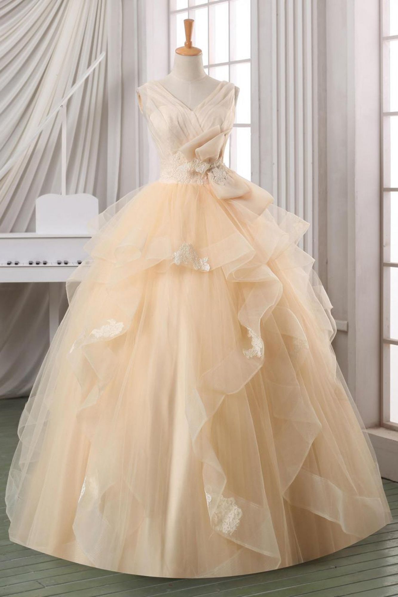 Long Layering V-Neck Applique Bowknot A-Line Ball Gown Wedding Dresses