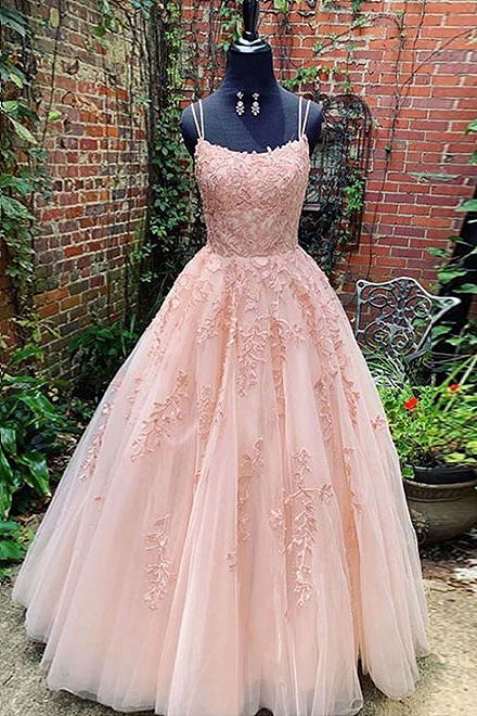 Long A-line Spaghetti Straps Tulle Lace Open Back Prom Dresses