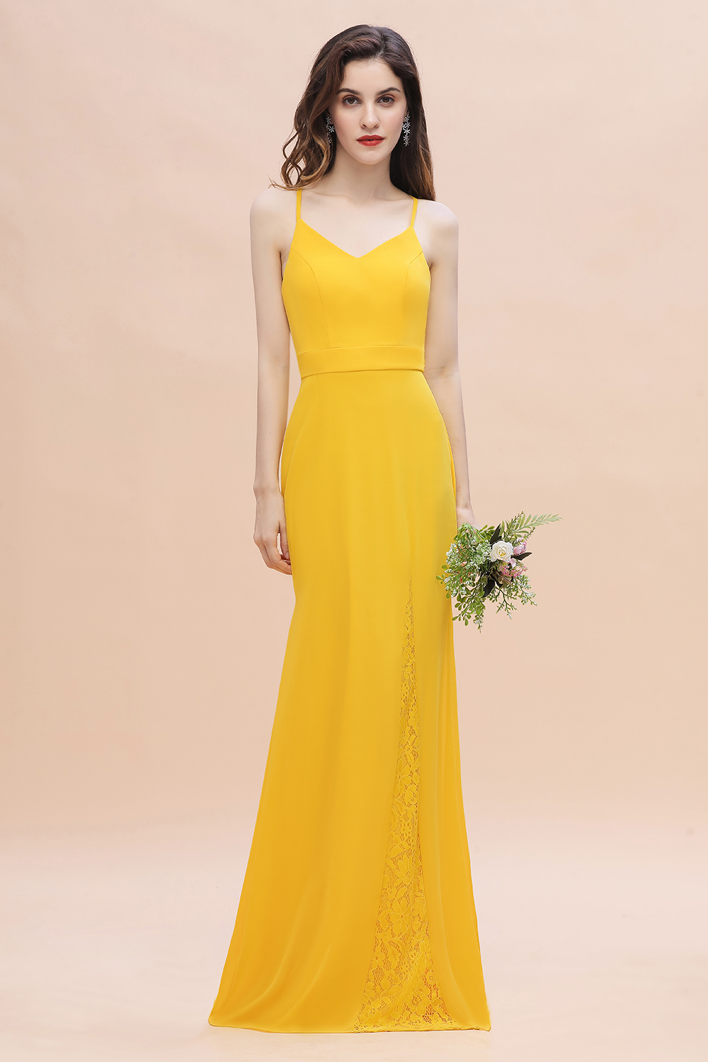 Bright Yellow Spaghetti Straps V-neck Floor-length Backless Bridesmaid Dress