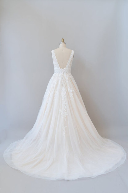 Elegant Long V-neck Appliques Lace Tulle A-line Wedding Dress