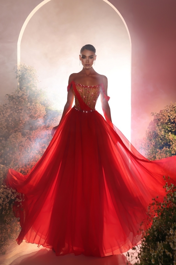 Red A-line Strapless Chiffon Floor Length Prom Dress with Ruffle