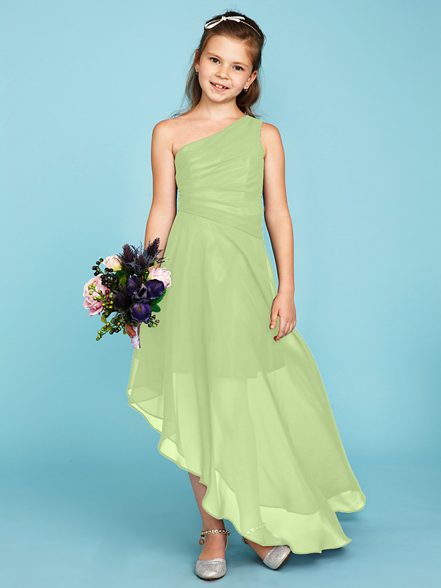 A-Line One Shoulder Asymmetrical Chiffon Junior Bridesmaid Dress With Side Draping / Wedding Party