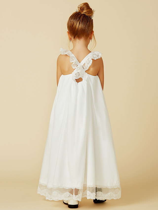 A-Line Ankle Length Wedding / First Communion Flower Girl Dresses - Lace / Cotton Sleeveless Straps With Pleats