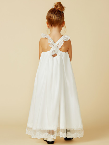 A-Line Ankle Length Wedding / First Communion Flower Girl Dresses - Lace / Cotton Sleeveless Straps With Pleats