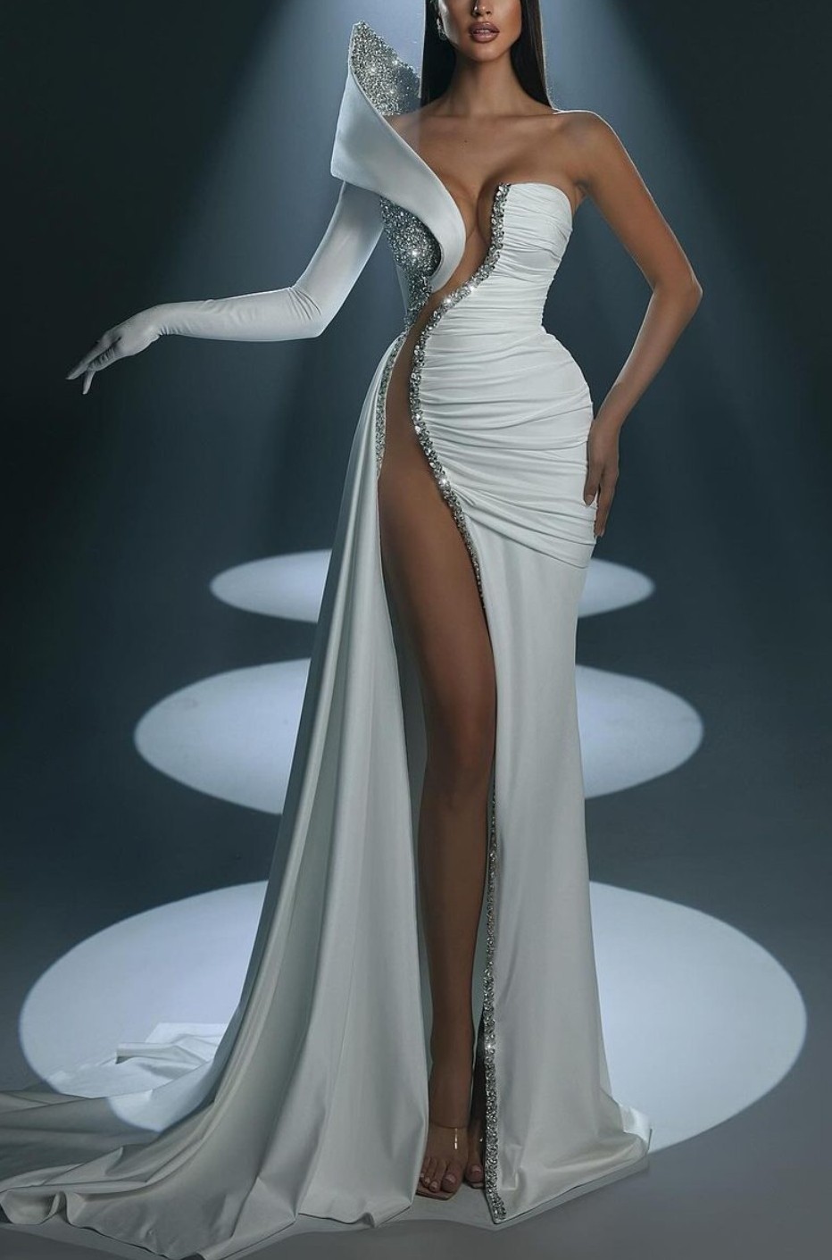 White Long Mermaid One Shoulder Satin Beads High Split Prom Dresses with Sleeves