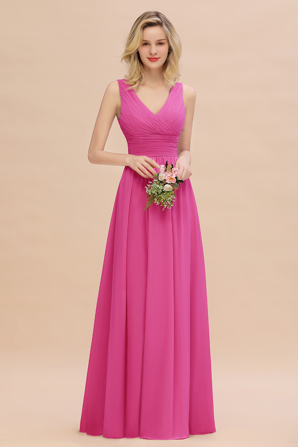 Elegant A-line V-Neck Ruffles Long Bridesmaid Dress
