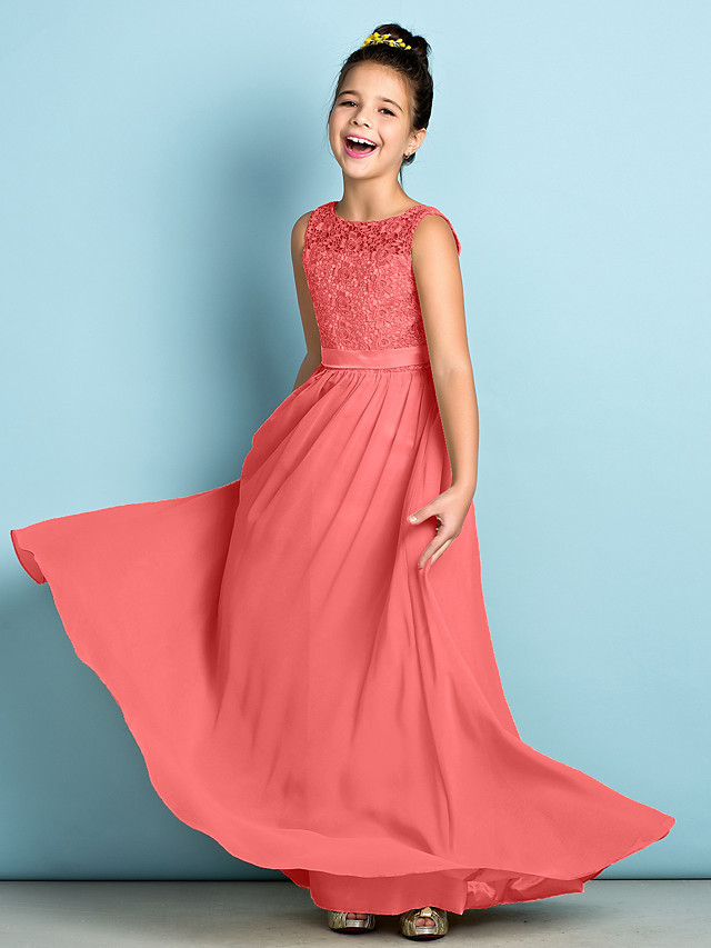 A-Line Scoop Neck Floor Length Chiffon / Lace Junior Bridesmaid Dress With Lace / Natural / Mini Me
